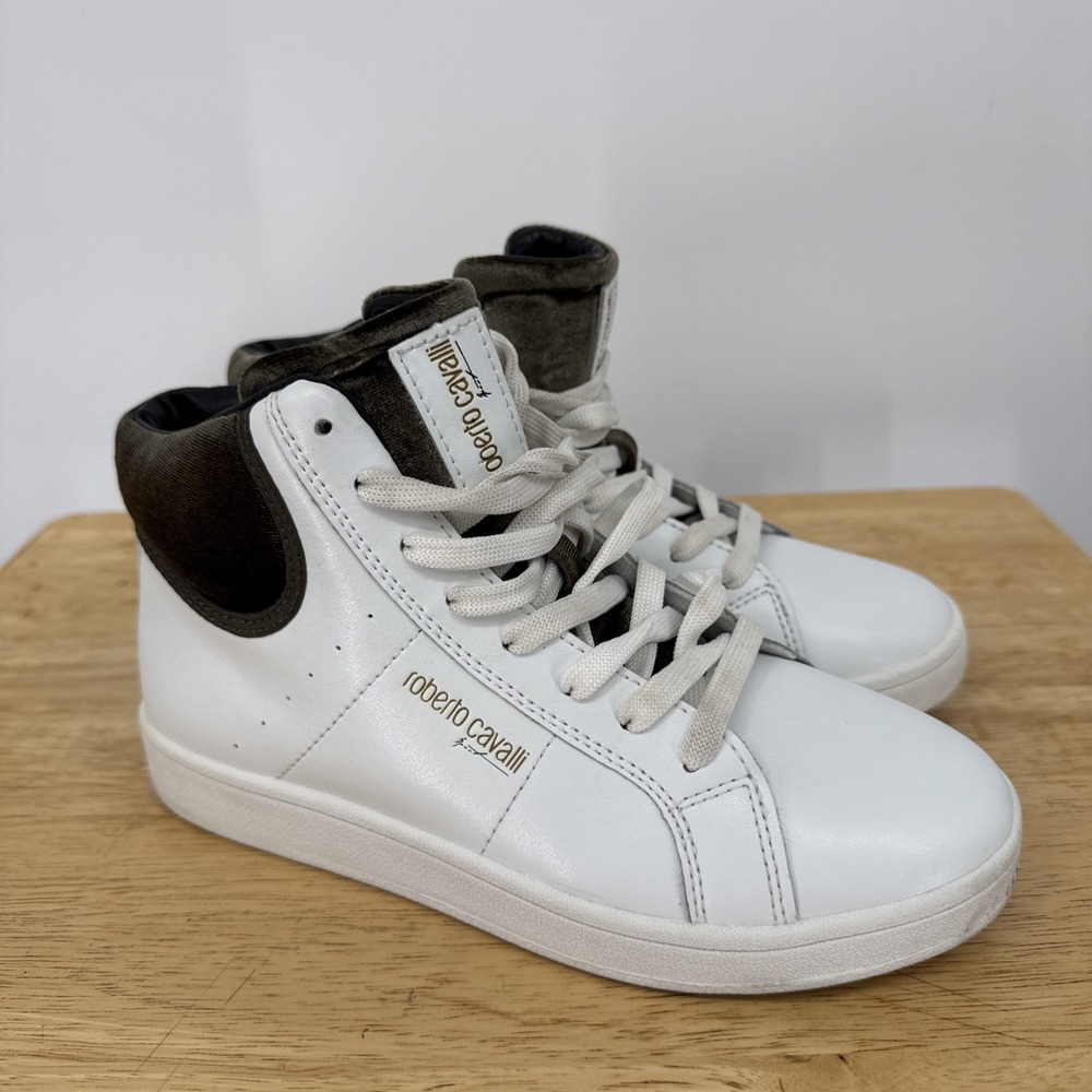 Roberto Cavalli High Top Sport White Leather Suede Sneakers Womens Size 6 Luxury